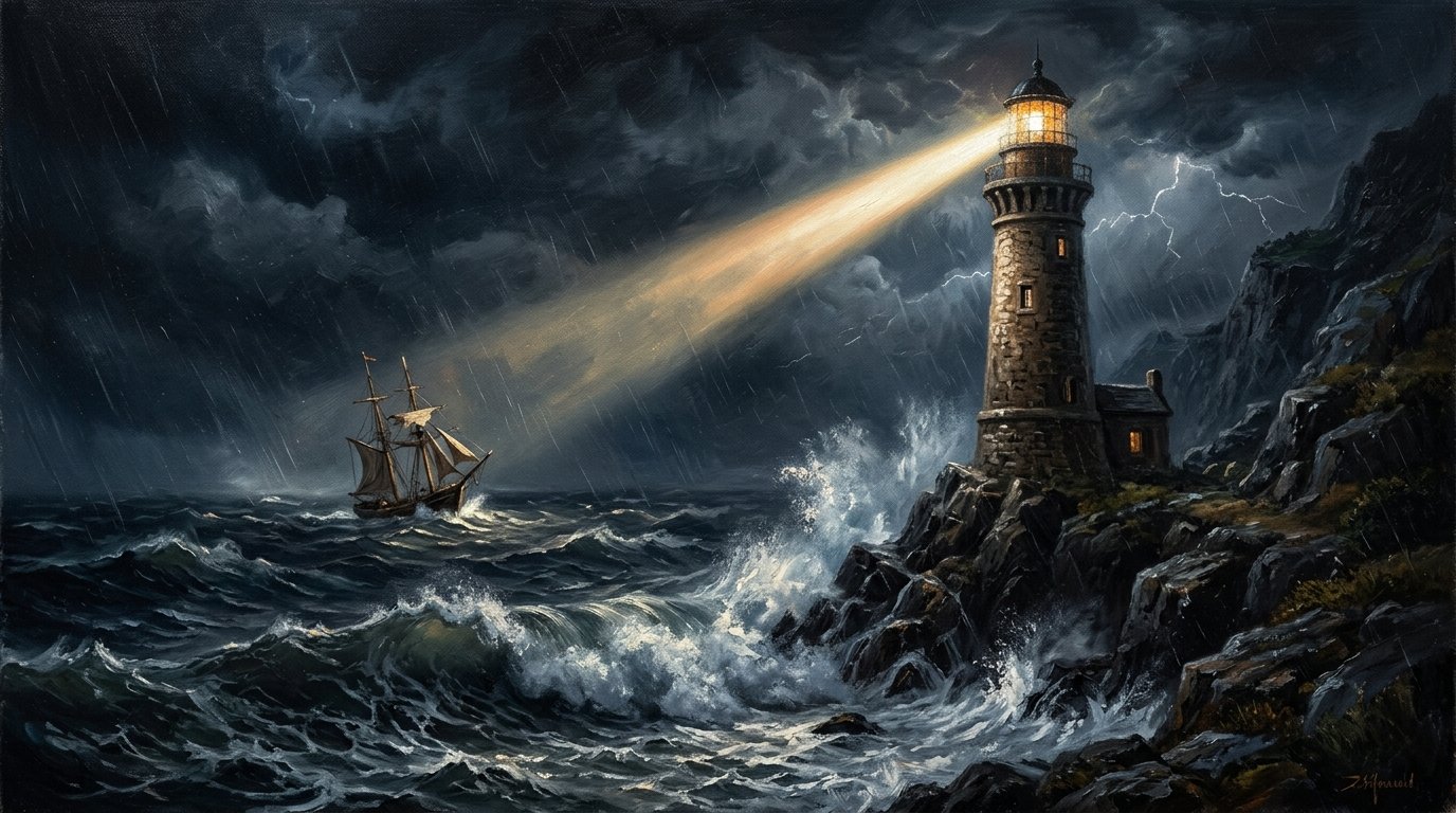 Un faro sobrio e imponente en mitad de una tempestad nocturna, guiando con su haz de luz a una embarcación en apuros