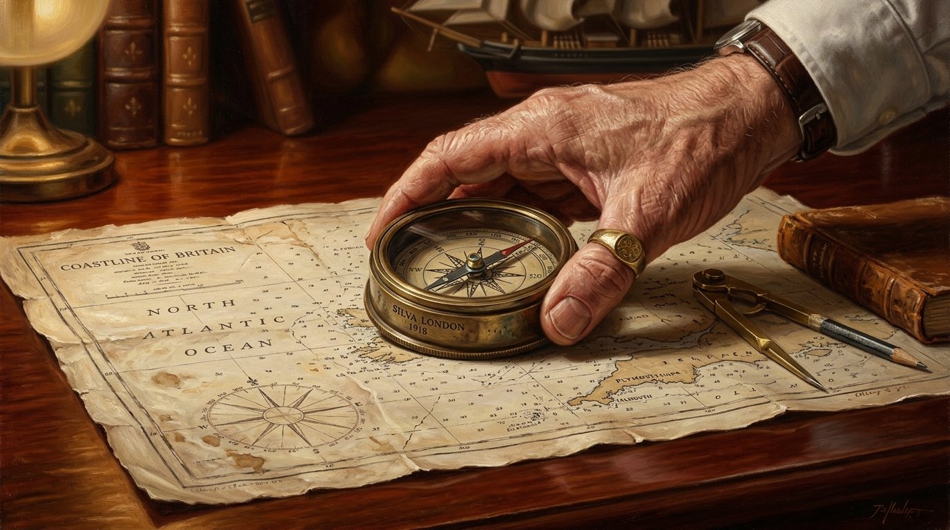 Un primer plano de una mano colocando una brújula de bronce sobre una carta de navegación extendida, simbolizando el control a distancia