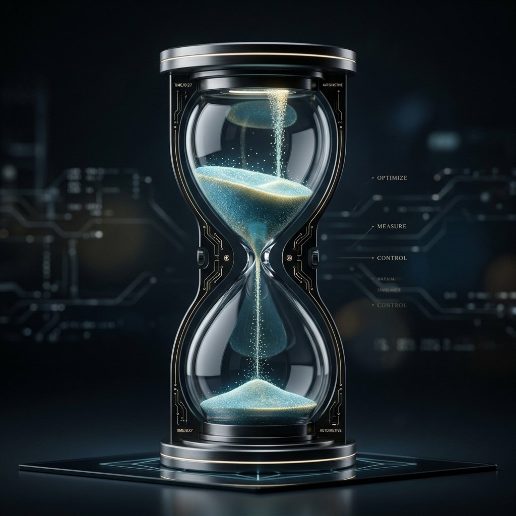 Visualización conceptual de un reloj de arena donde el tiempo del directivo se multiplica a través de nodos tecnológicos y algoritmos en lugar de personas