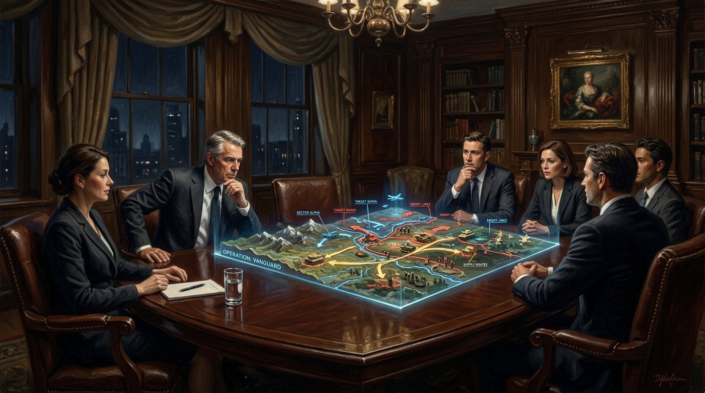 Visualización de una mesa de consejo oscura donde un mapa táctico holográfico proyecta una historia tridimensional en lugar de diapositivas de Excel clásicas
