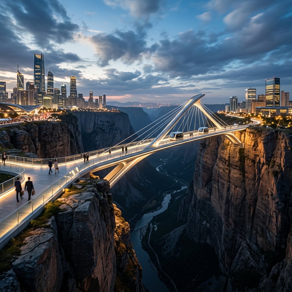 Puente iluminado simbolizando el crecimiento empresarial y la sistematización corporativa